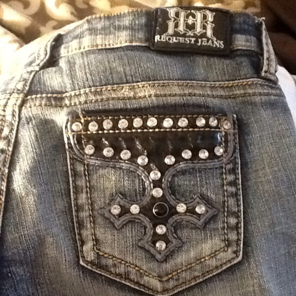 Request distressed decorated blue jeans pants - Picture 6 of 10